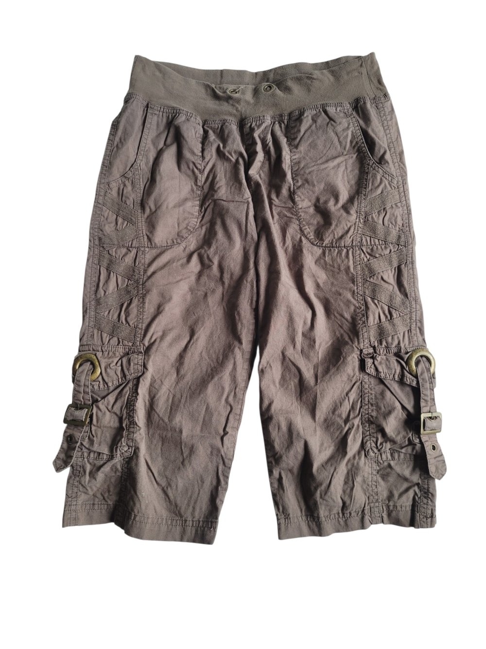 XCVI Cargo Bermuda Shorts Y2K Style Taupe with Brass Rings And Buckle Accents